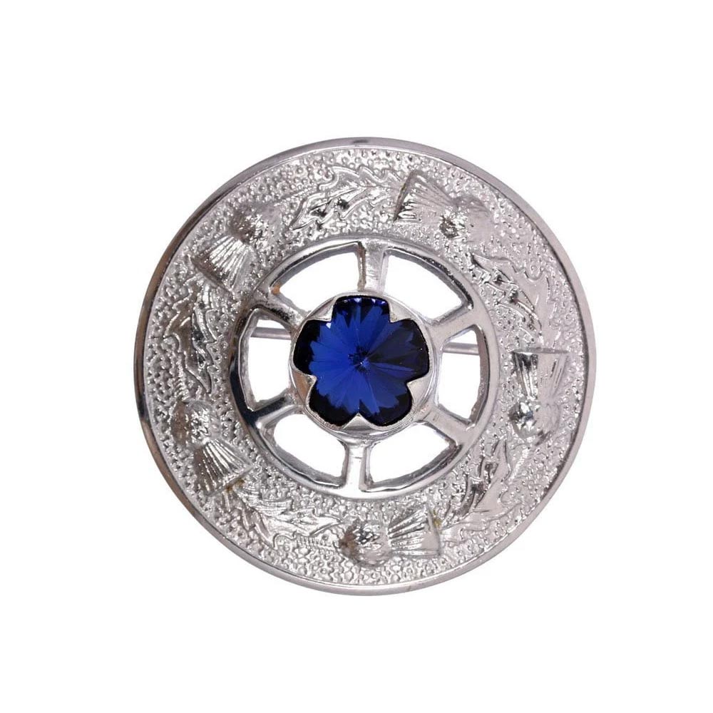Miniature Thistle Design and Blue Stone Brooch - Chrome Finish