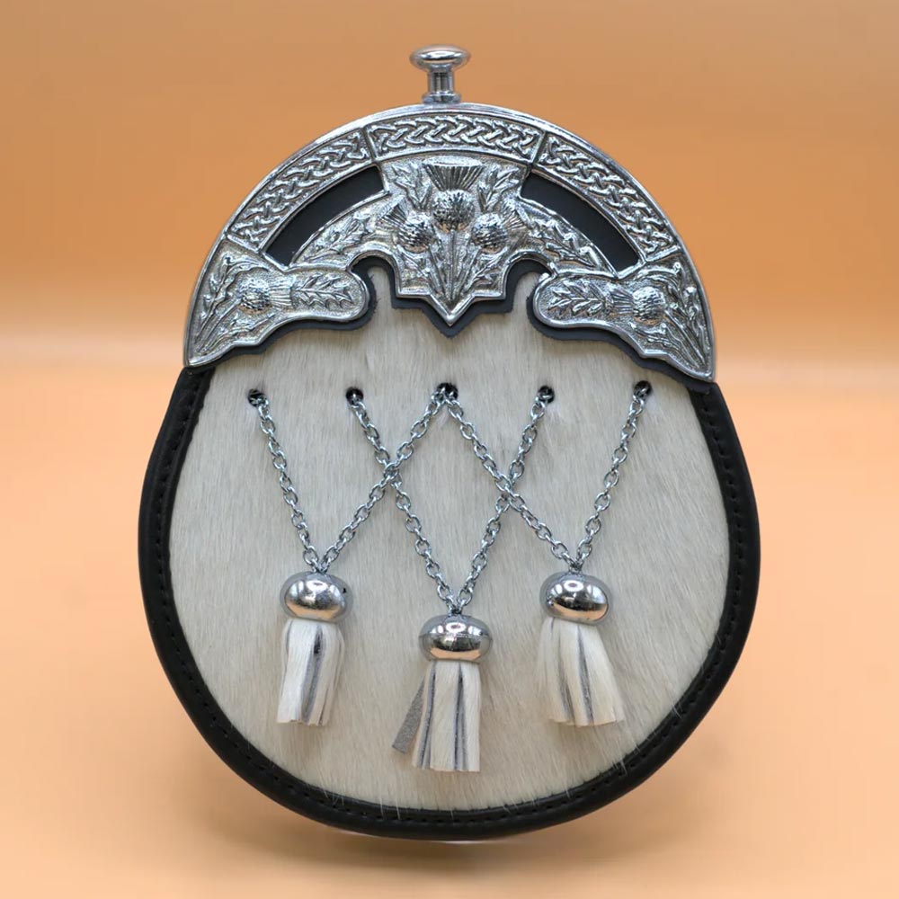 Full Dress Chrome Cross Tassels Sporran with Ornate Thistle Design - Natural Calfskin