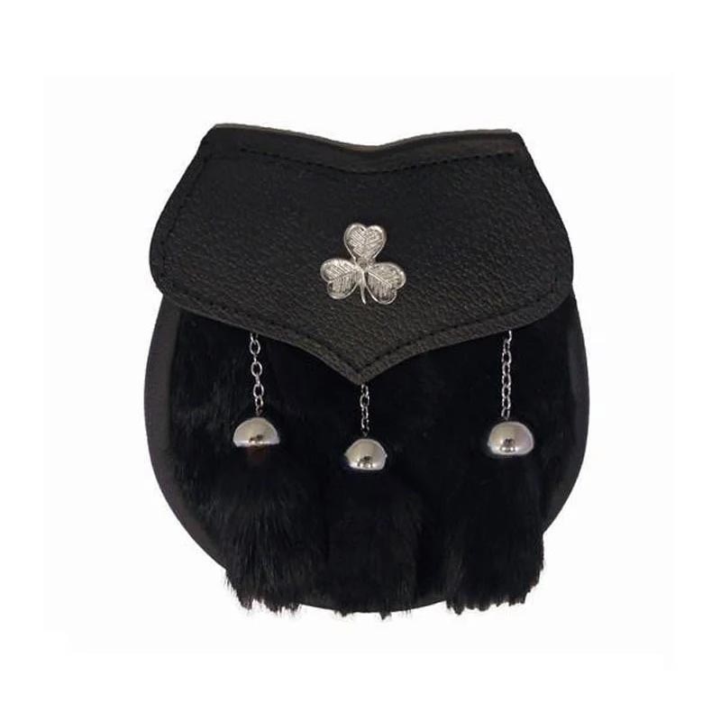 Semi Dress Sporran - Black Rabbit Fur - Shamrock Emblem
