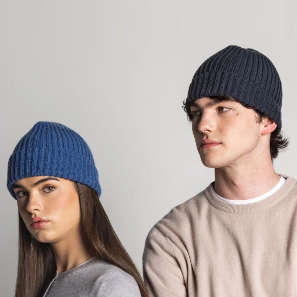100% Cashmere Ribbed Unisex Beanie Hat