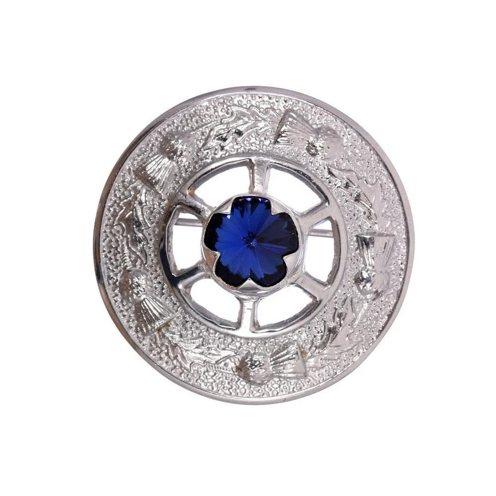 Miniature Thistle Design and Blue Stone Brooch - Chrome Finish