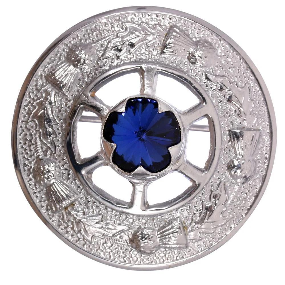 Miniature Thistle Design and Blue Stone Brooch - Chrome Finish - Image 2