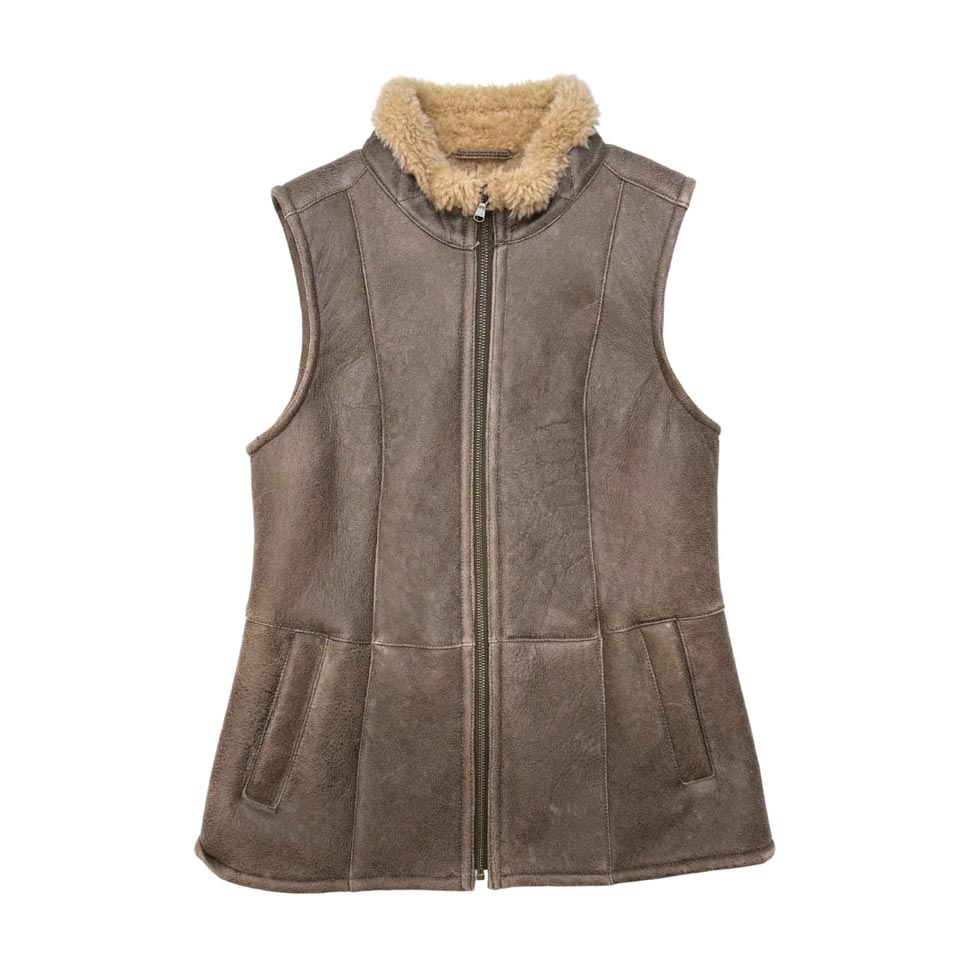Ladies Sheepskin Aviator Leather Gilet - Brown - CLEARANCE
