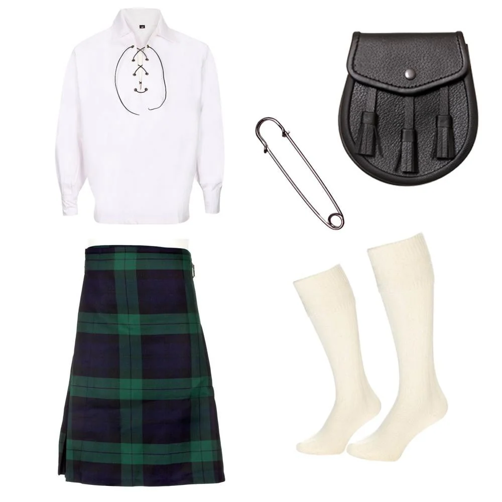 5 Piece Silver Kilt Package – 5 Yard Kilt, Sporran, Kilt Pin & Kilt Hose front view