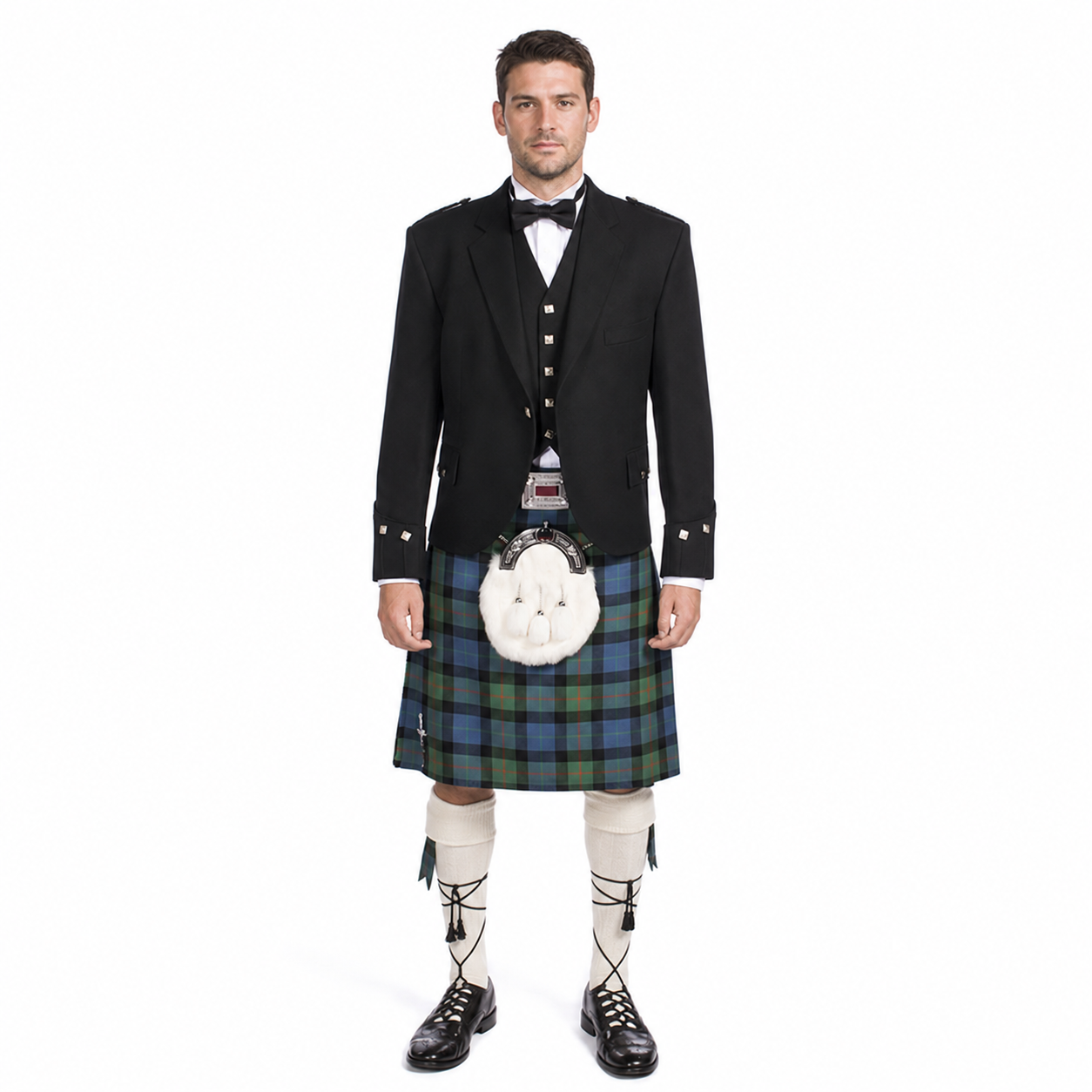 Front view of a man wearing an economy Argyle jacket outfit with a 16oz 8 yard wool Lochcarron Strome tartan kilt and white sporran.