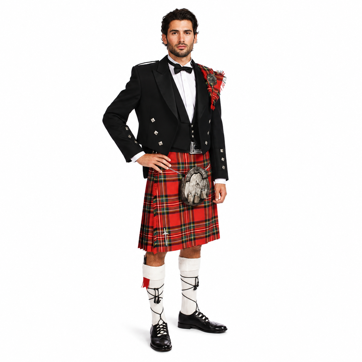 Male model wearing a Fly Plaid Prince Charlie hire outfit with black jacket, red tartan kilt, sporran and traditional Highland accessories