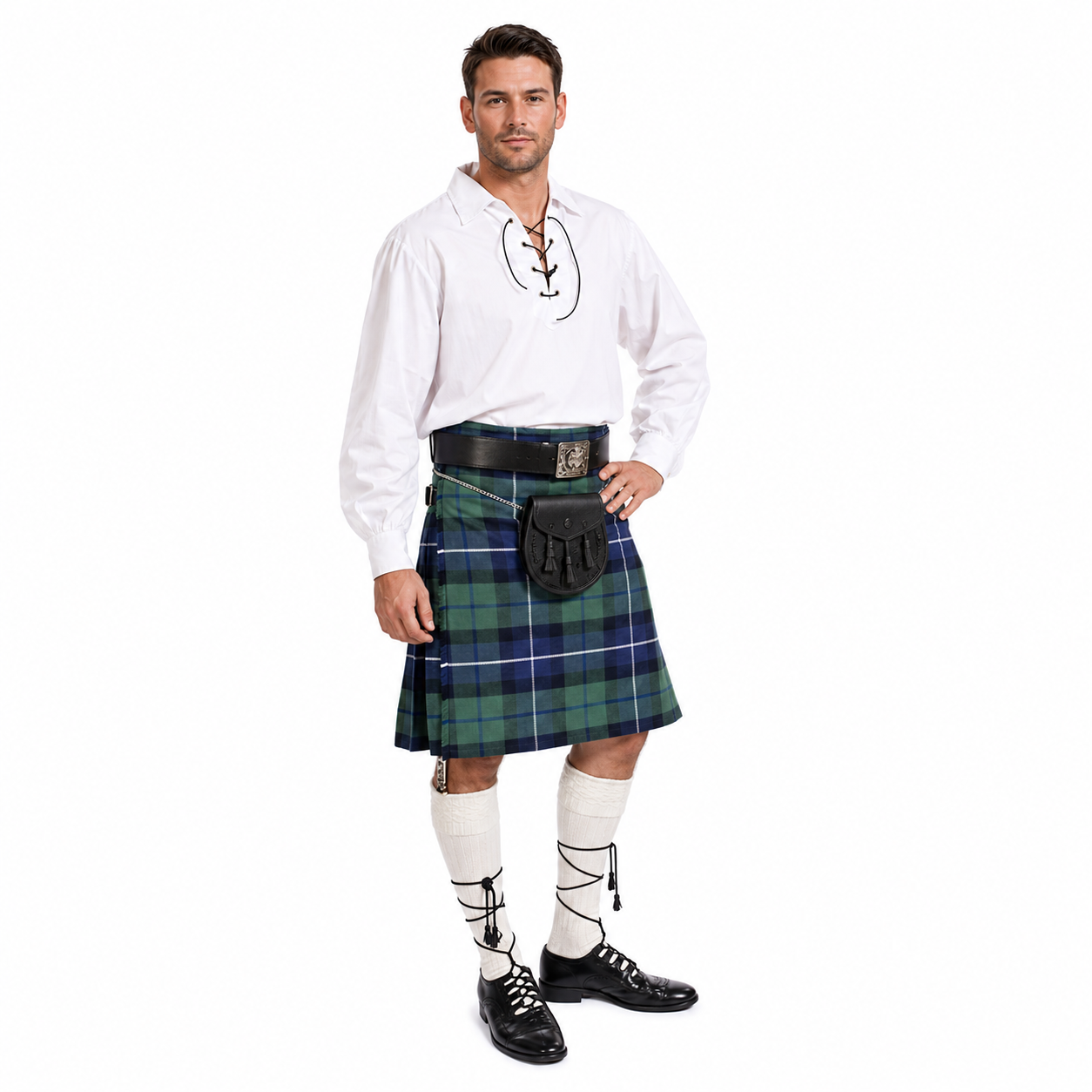 Front view of a model wearing a Casual 8 Yard Kilt Outfit with traditional tartan kilt and accessories