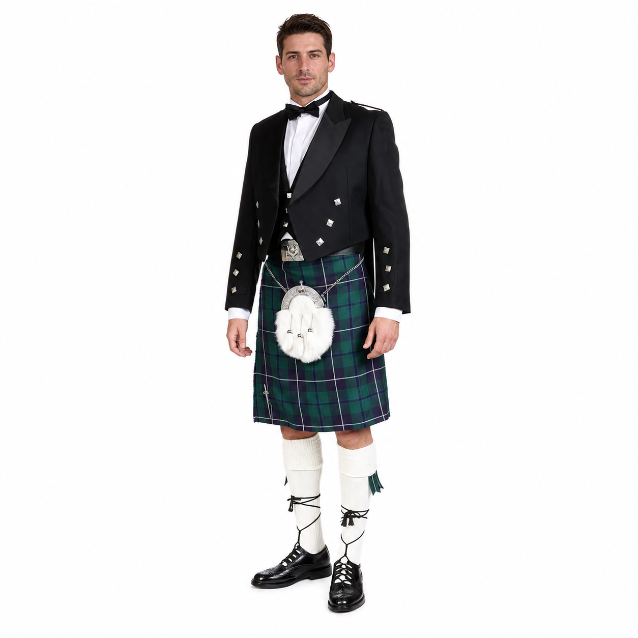 Men's Instock Prince Charlie jacket kilt outfit front view with traditional tartan kilt and Highland accessories