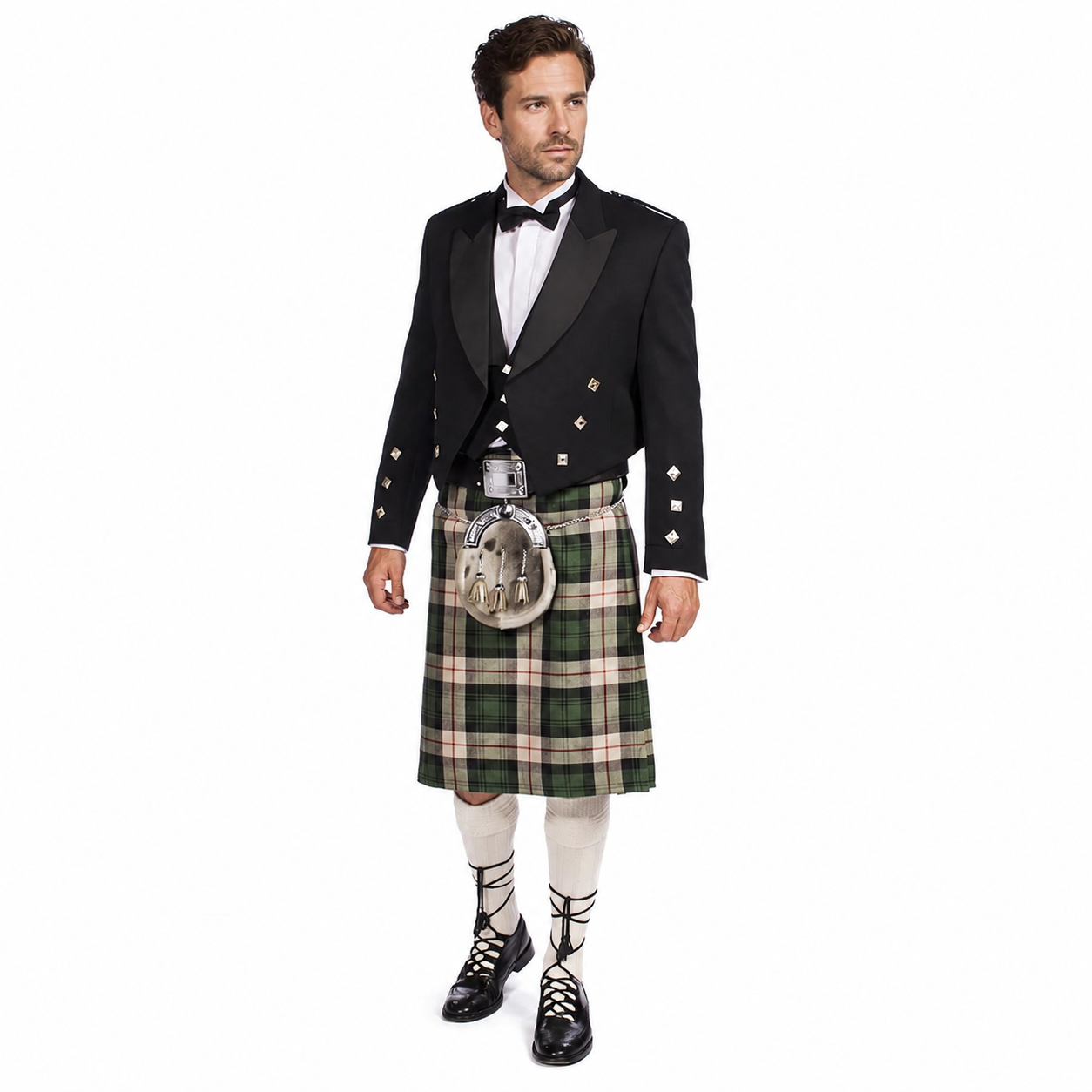 Front view of a man wearing an Economy Prince Charlie Jacket Outfit with a green tartan 16oz 8 Yard Wool Kilt, bow tie, sporran, knee socks and ghillie shoes.