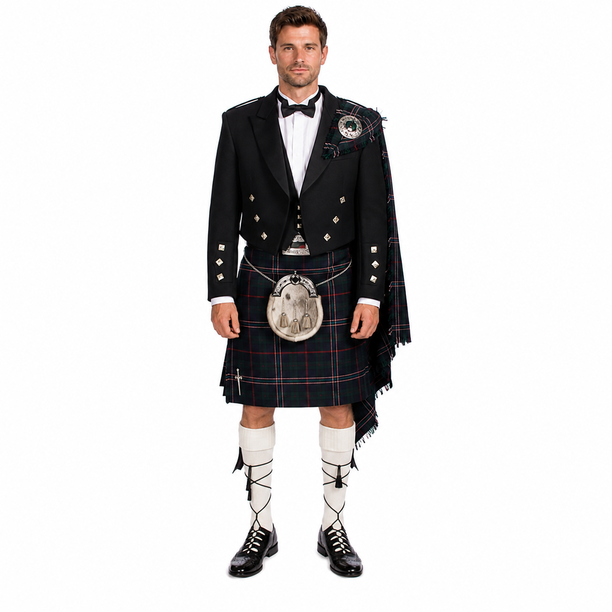 Front view of a man wearing the Instock Fly Plaid Prince Charlie Jacket Kilt Outfit with tartan kilt, fly plaid, sporran and ghillie shoes.