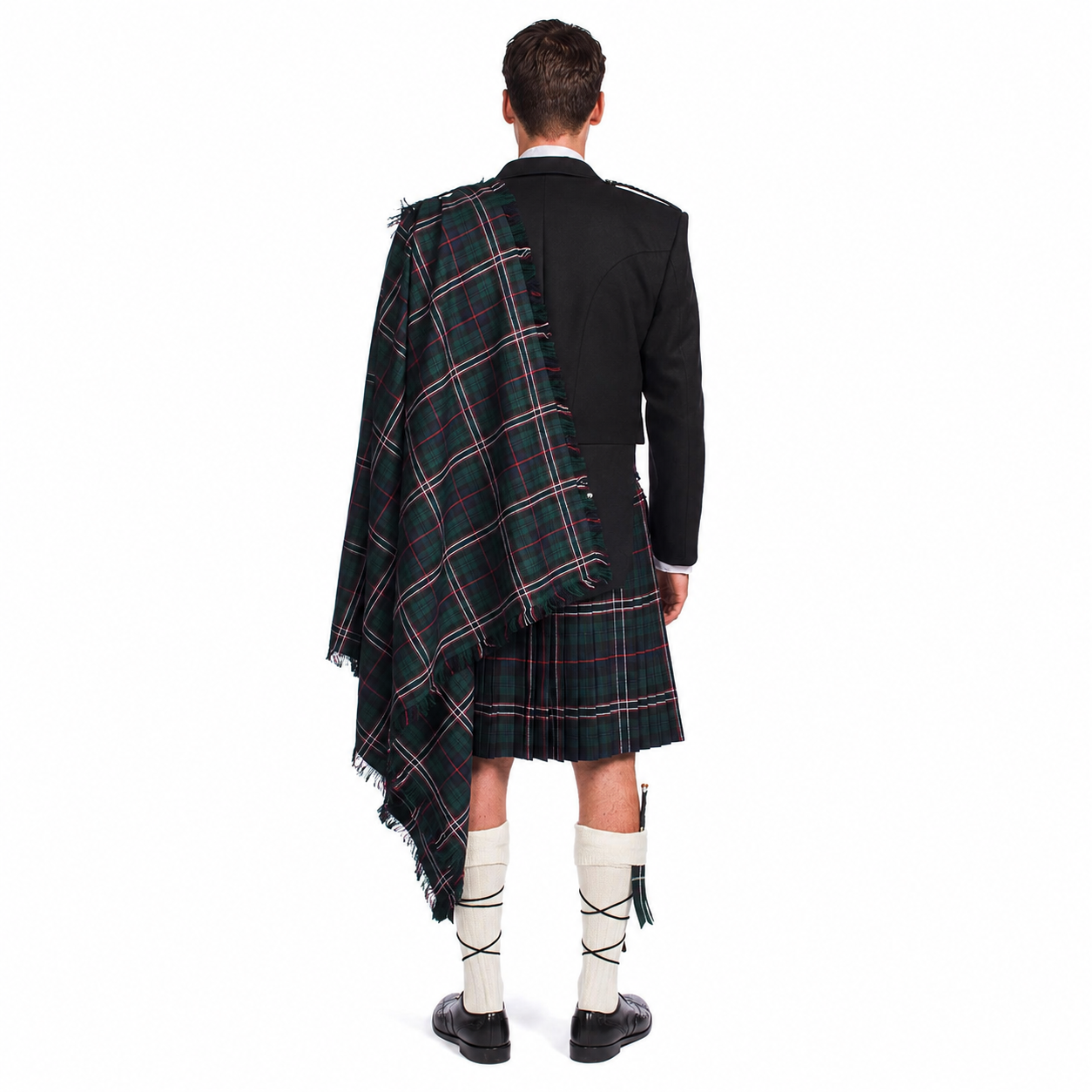 Back view of the Instock Fly Plaid Prince Charlie Jacket Kilt Outfit showing the Prince Charlie jacket, fly plaid and pleated tartan kilt.