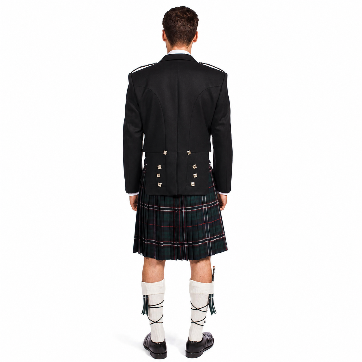 Rear view of a man wearing the Instock Fly Plaid Prince Charlie Jacket Kilt Outfit, highlighting the back of the jacket and pleated tartan kilt.