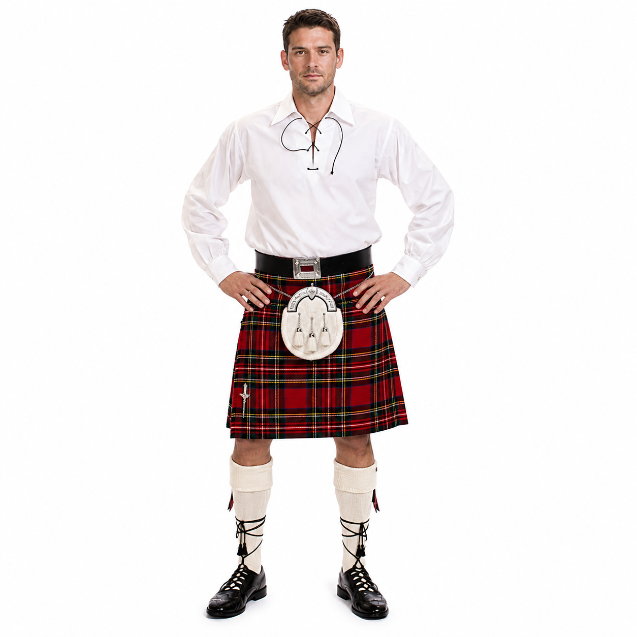 Man wearing the Full Casual 8 Yard Kilt Outfit 11 Piece Package with red tartan kilt, white Jacobite shirt, sporran, kilt hose and ghillie shoes.