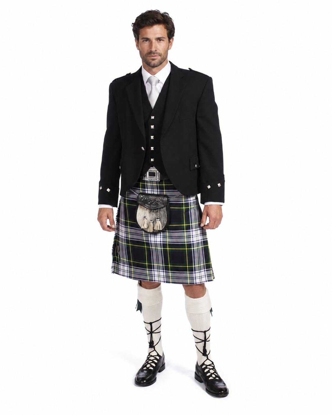 Men's in-stock Argyll jacket kilt outfit with tartan kilt, sporran and ghillie shoes – front view.