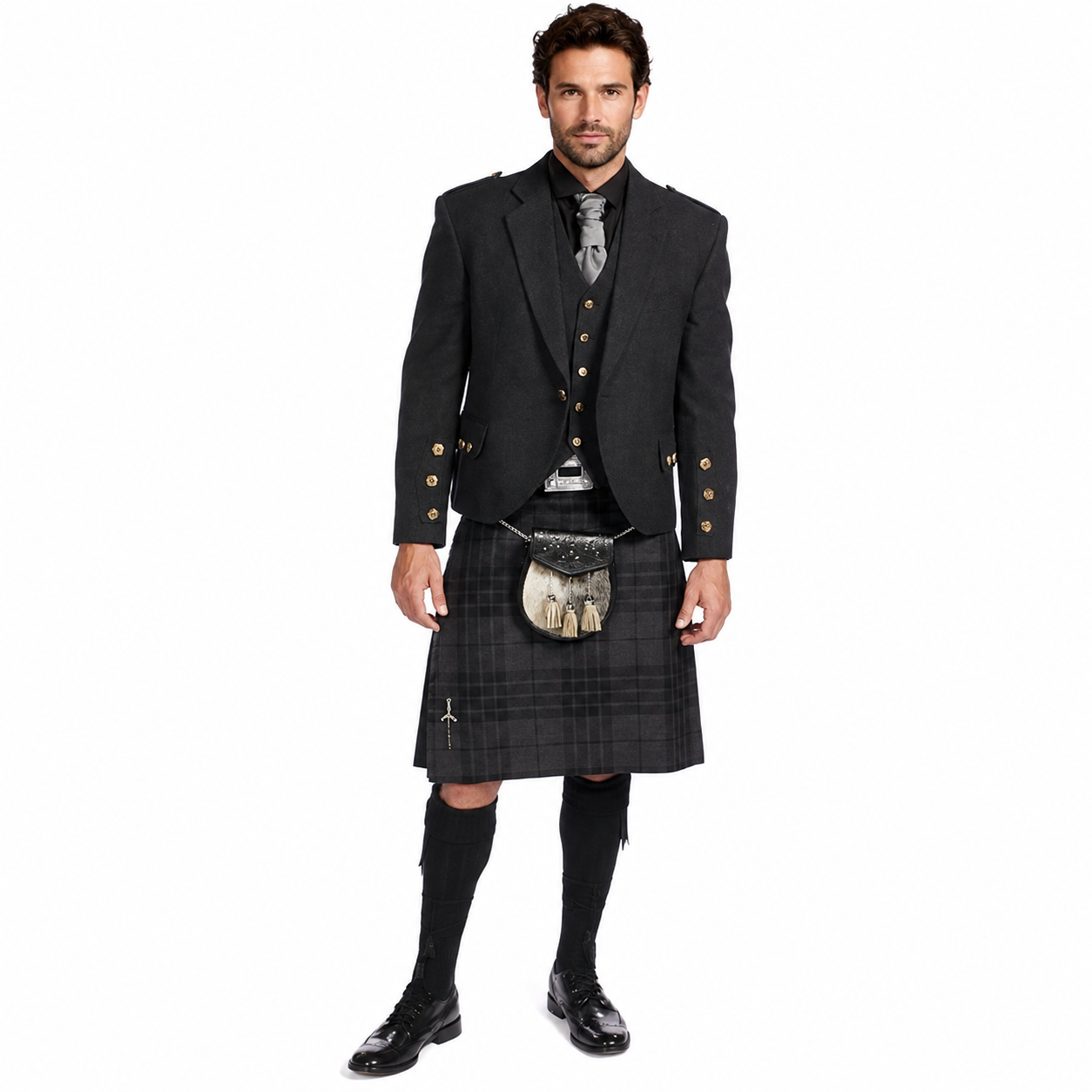 Man wearing a charcoal tweed Crail jacket kilt outfit with matching waistcoat, dark tartan kilt, sporran, kilt socks and black shoes – front view. Image 2 – Model View