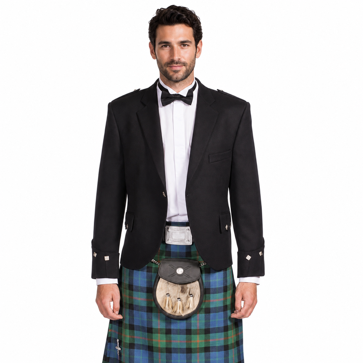 Man wearing a black Barathea Argyle jacket with a traditional tartan kilt, white shirt, tie and sporran – front view.