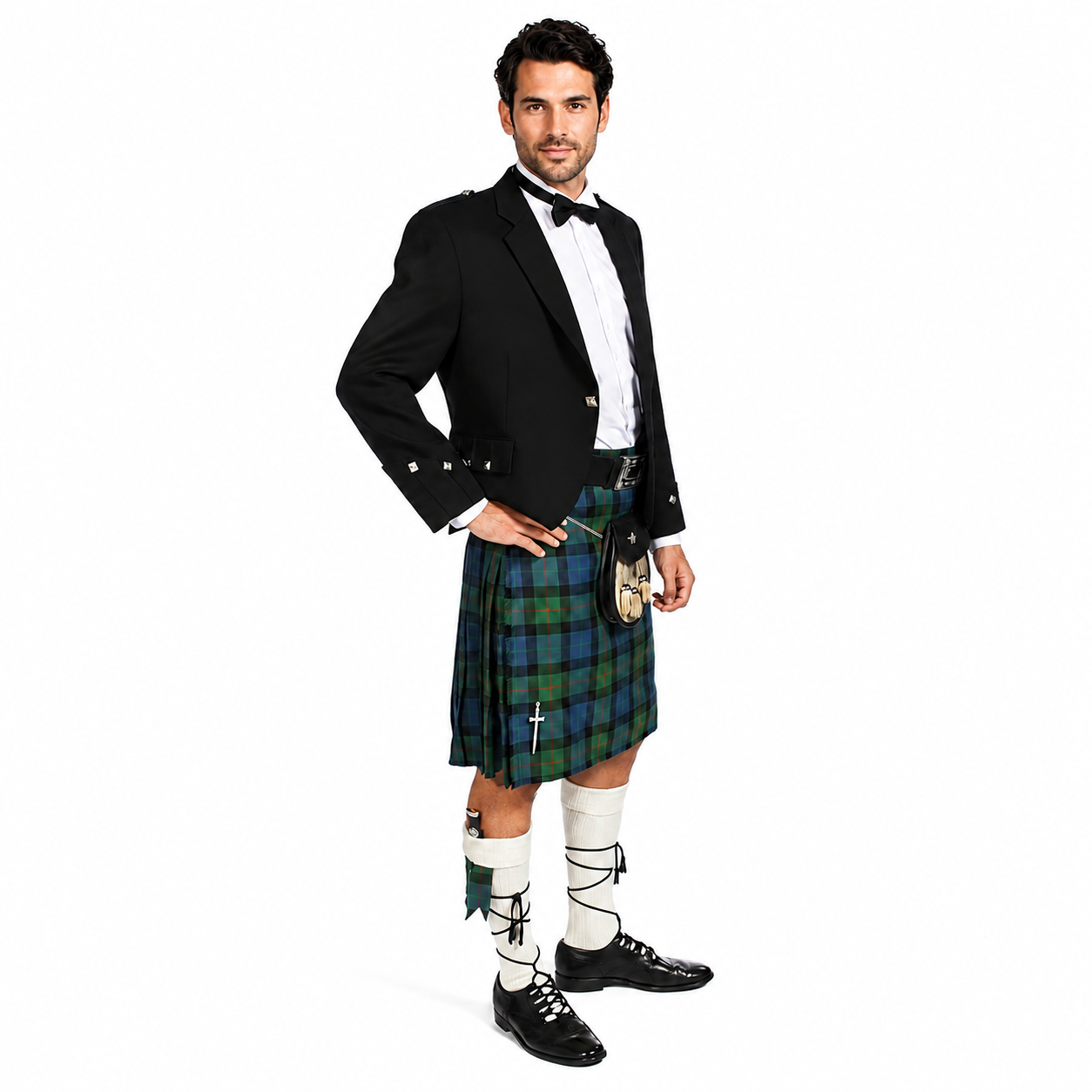 Side view of a man wearing a black Barathea Argyle jacket with a traditional tartan kilt and sporran.