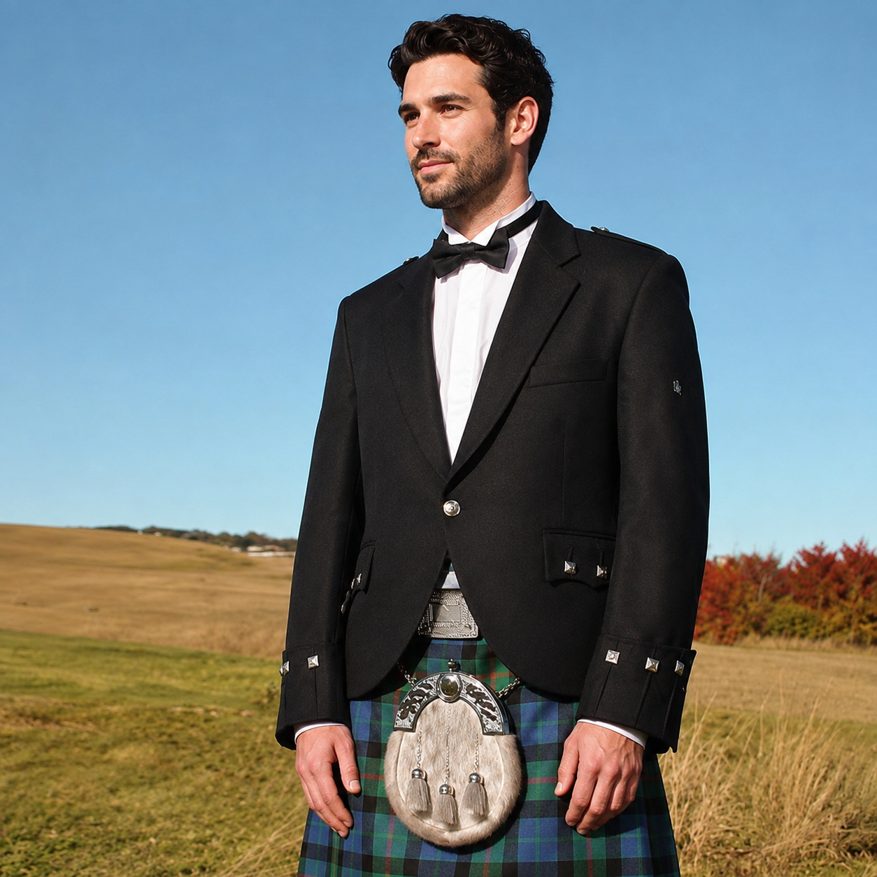 Man wearing a black Barathea Argyle jacket with tartan kilt and traditional sporran in an outdoor countryside setting.