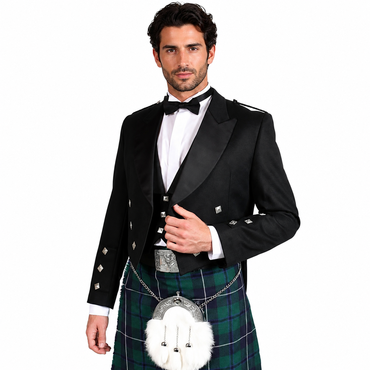 Prince Charlie Jacket and Waistcoat in 100% Black Barathea Wool with traditional Scottish kilt outfit