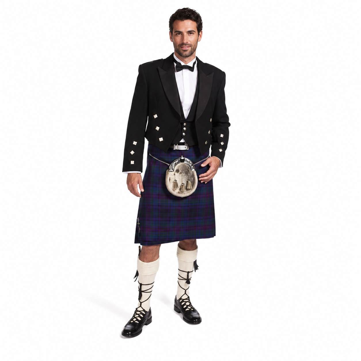 Man wearing a standard Prince Charlie hire outfit with black jacket, waistcoat, bow tie, tartan kilt, traditional sporran, kilt socks and ghillie brogues – front view.