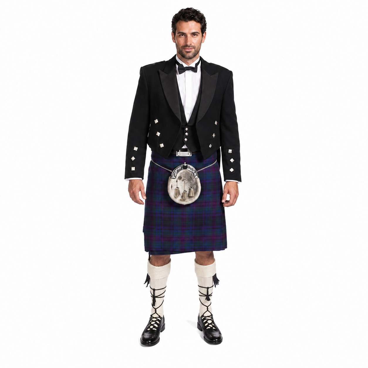 Full-length view of a man wearing a Standard Prince Charlie hire outfit with a black formal jacket, bow tie, blue and purple tartan kilt, traditional sporran and cream kilt socks.