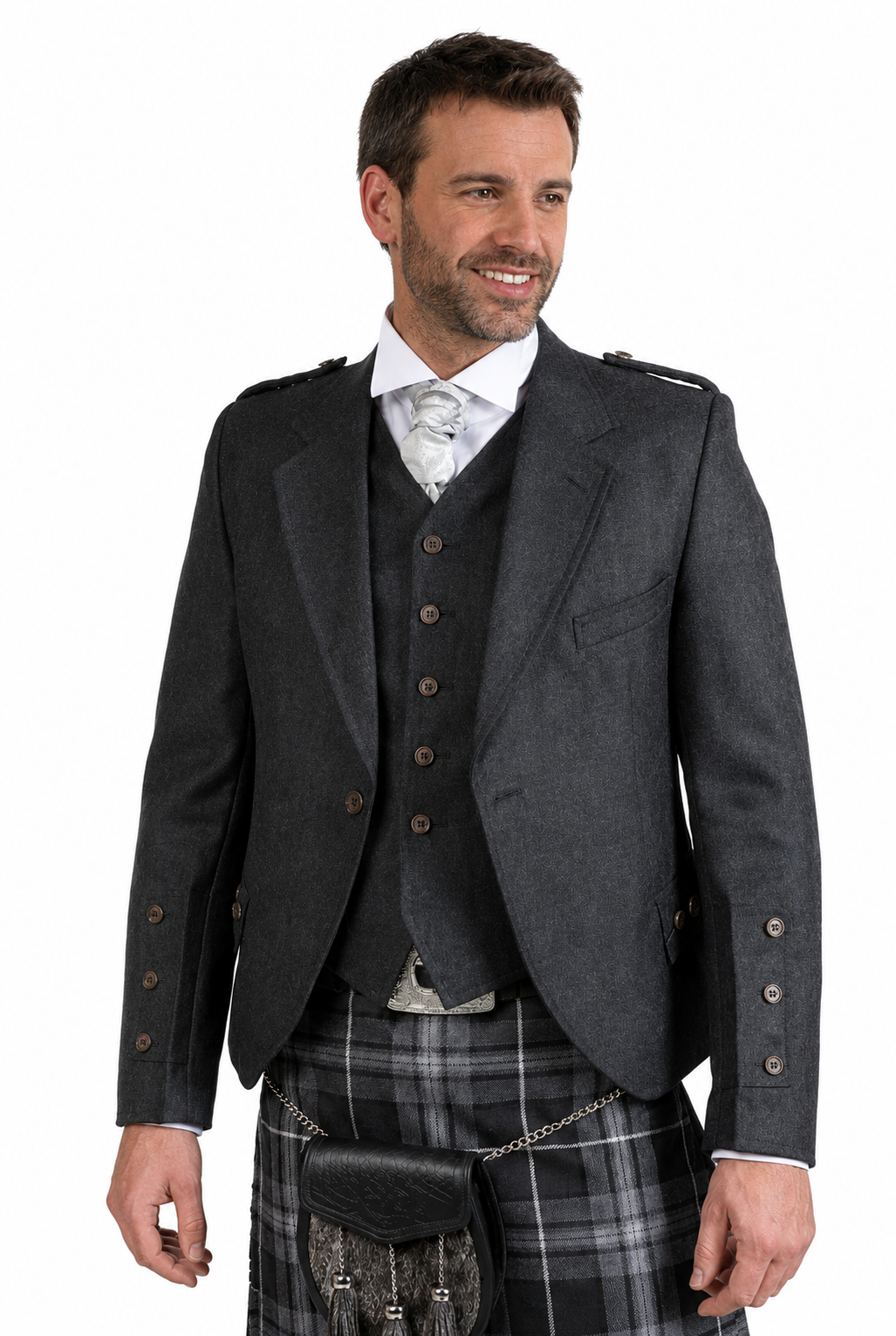 Front view of a men's charcoal tweed Crail jacket with matching five button waistcoat.