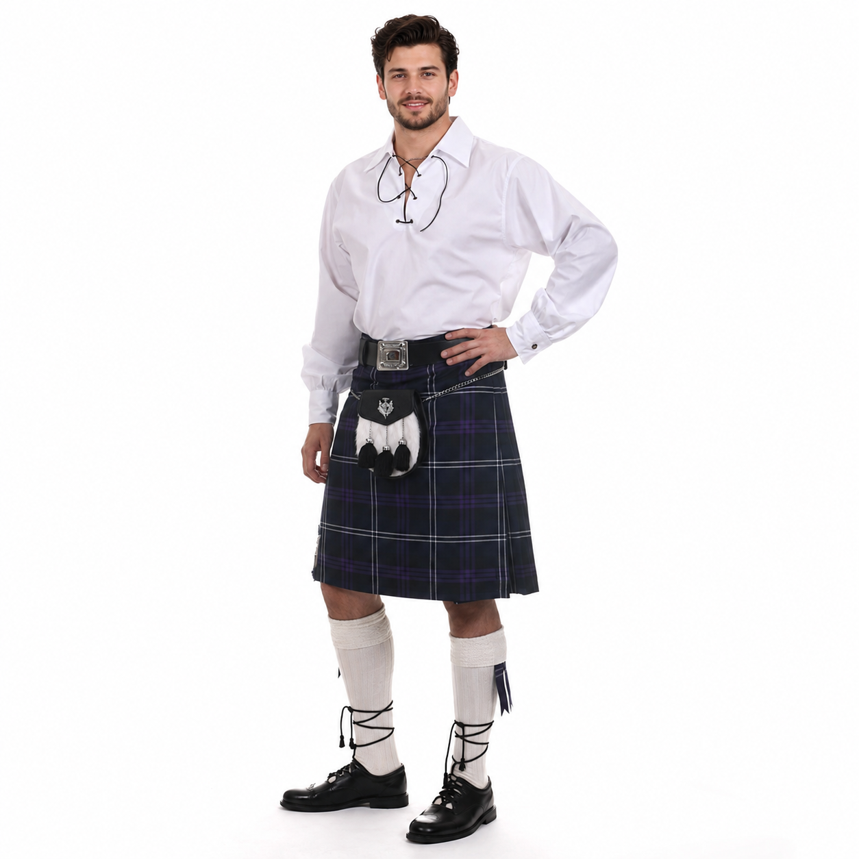 Men’s Casual 8 Yard Kilt Outfit with black and purple tartan kilt and traditional Scottish accessories