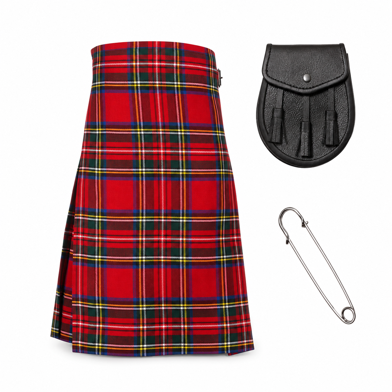 Royal Stewart 5 yard polyviscose kilt with black sporran and kilt pin, 3 piece bronze kilt package