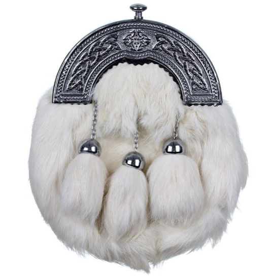 Chrome Plain Celtic Cantle Sporran - White Rabbit Fur