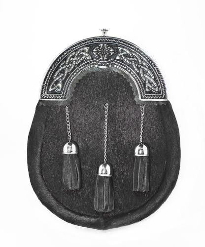 Black Calfskin Cross Tassels Sporran with Chrome Celtic Cantle