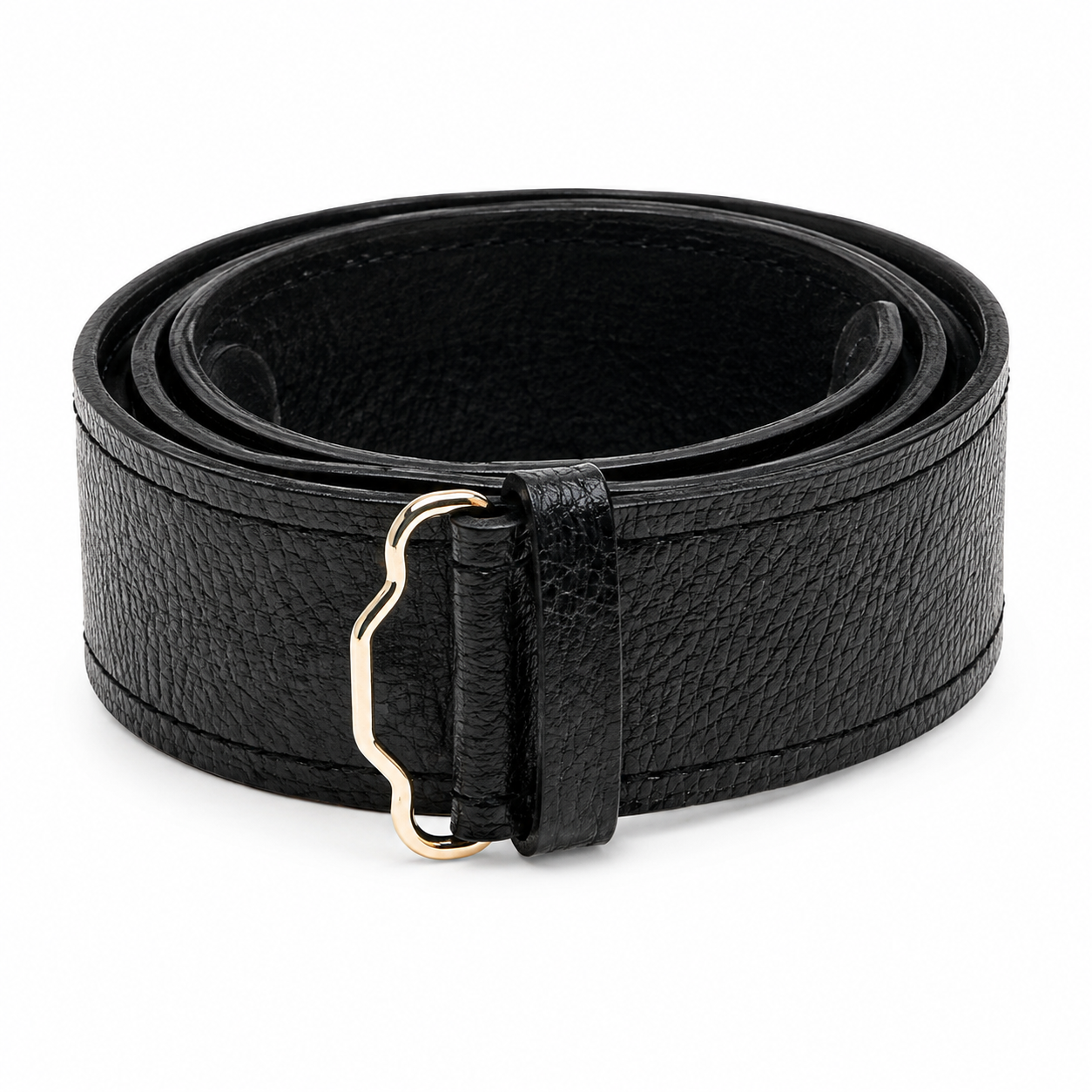 Rolled Scottish black kilt belt made from hide leather with grained texture, adjustable Velcro fastening and belt loop detail.