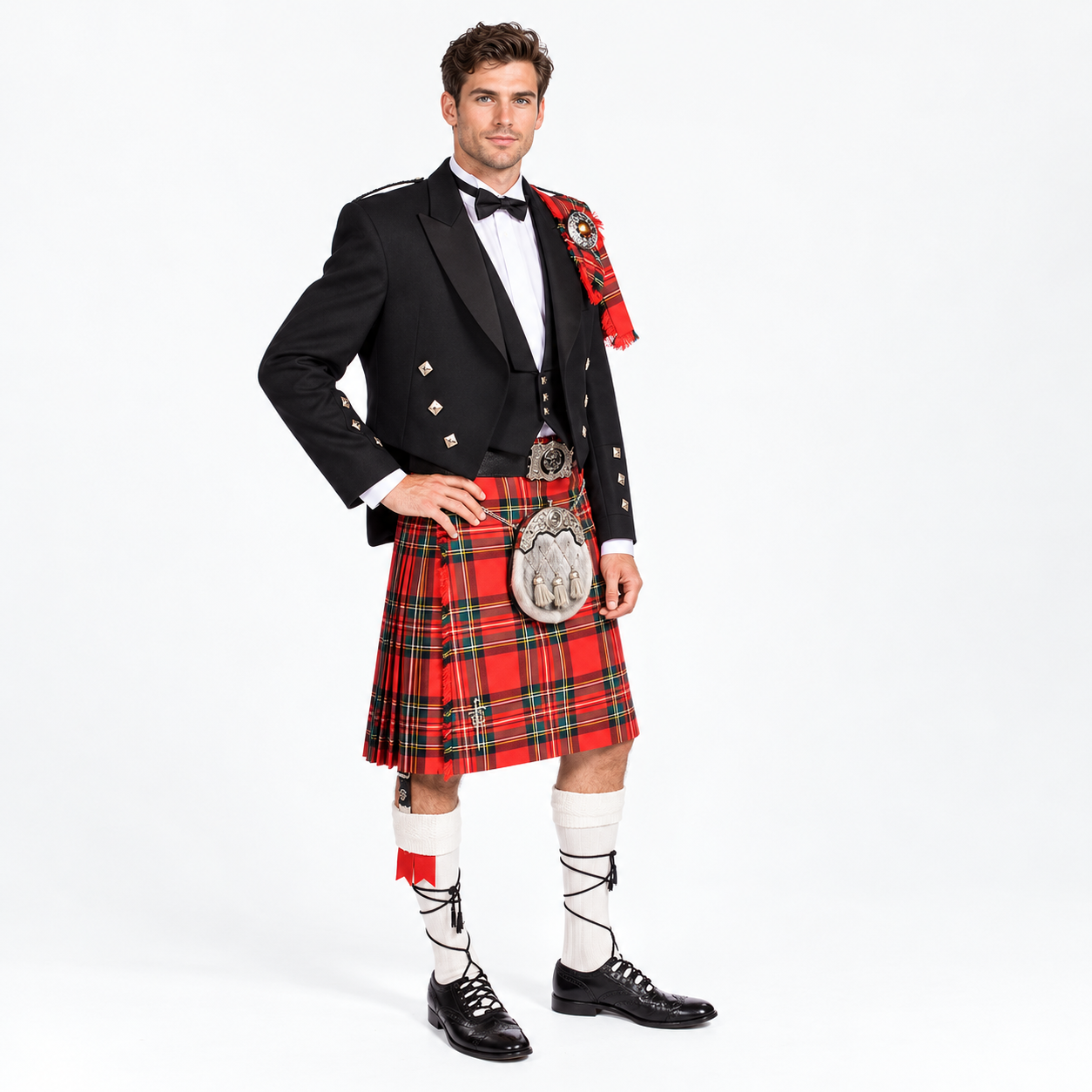 Full front view of The Clansman Prince Charlie full dress kilt outfit with black jacket, waistcoat, red tartan kilt, white sporran, kilt hose, and ghillie brogues.