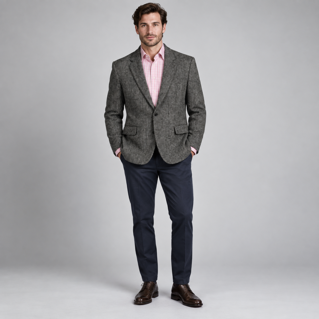 Full-length front view of a male model wearing a grey herringbone Harris Tweed blazer with a pink checked shirt and dark trousers.