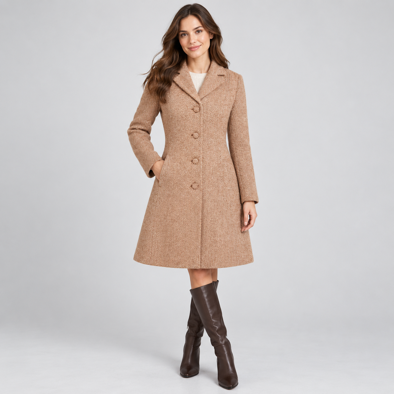 Woman wearing a rust and cream herringbone coat with a button front, long sleeves and flared hem, styled with brown knee-high boots.