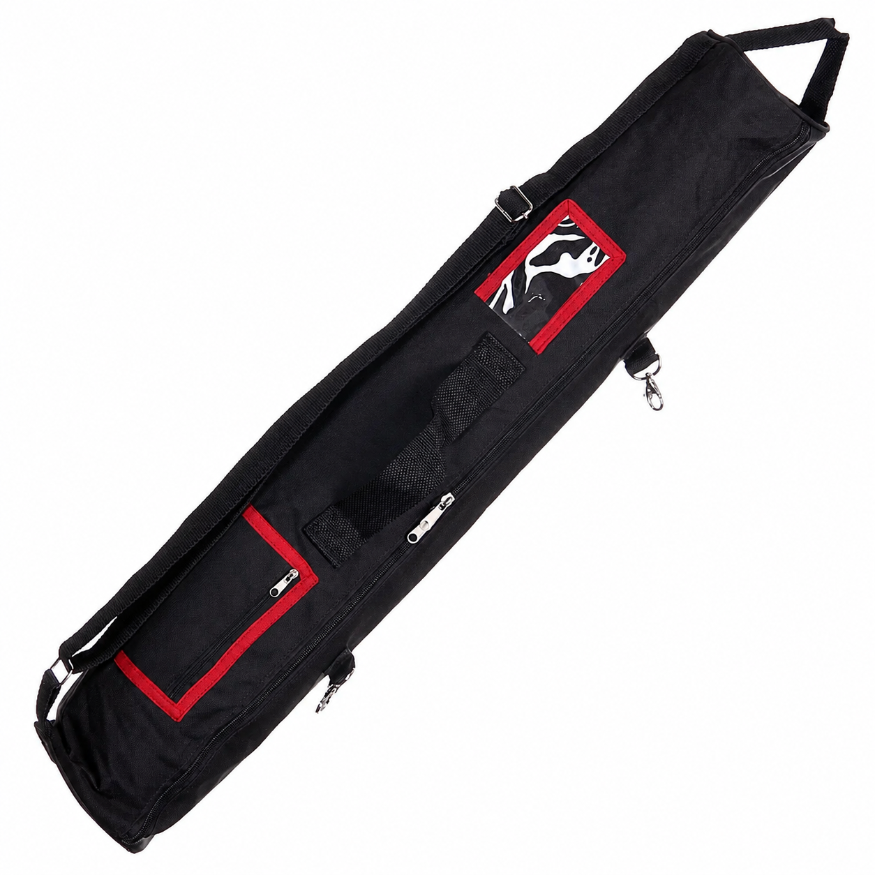 Folded black kilt outfit carrier with red trim and carrying handles, designed for storing and transporting Highland dress.