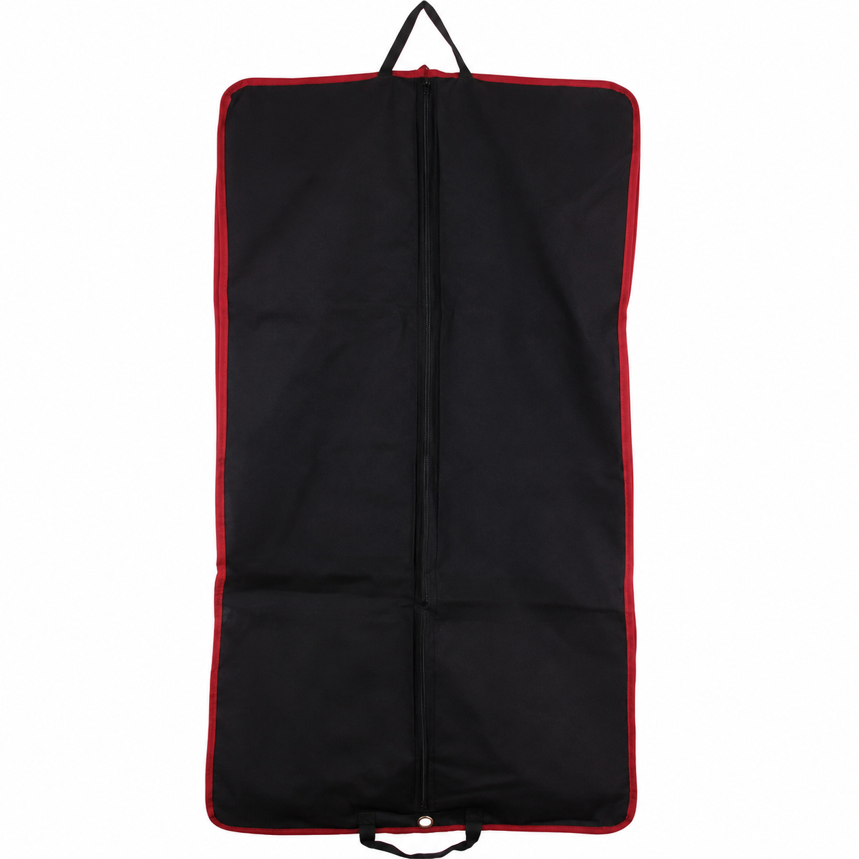 Full-length view of black Scottish Highland kilt garment carrier with contrasting red trim and carrying handles.
