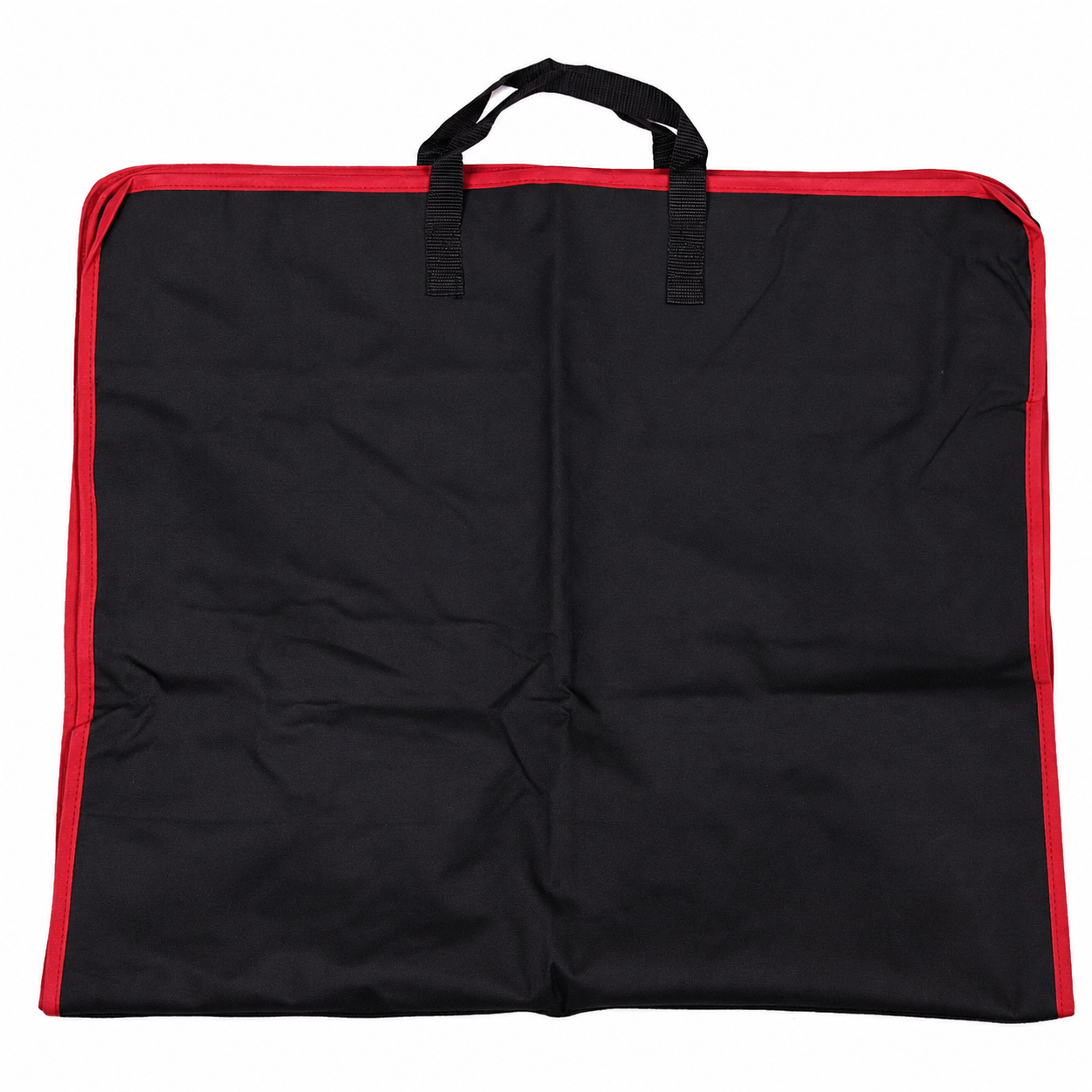 Black kilt outfit and garment storage carrier with red edging, shown opened flat from the exterior.