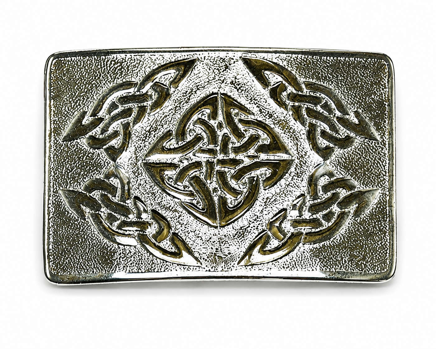 Celtic Square Belt Buckle with chrome finish and detailed Celtic knot design, front view for Scottish Highland kilt belt.