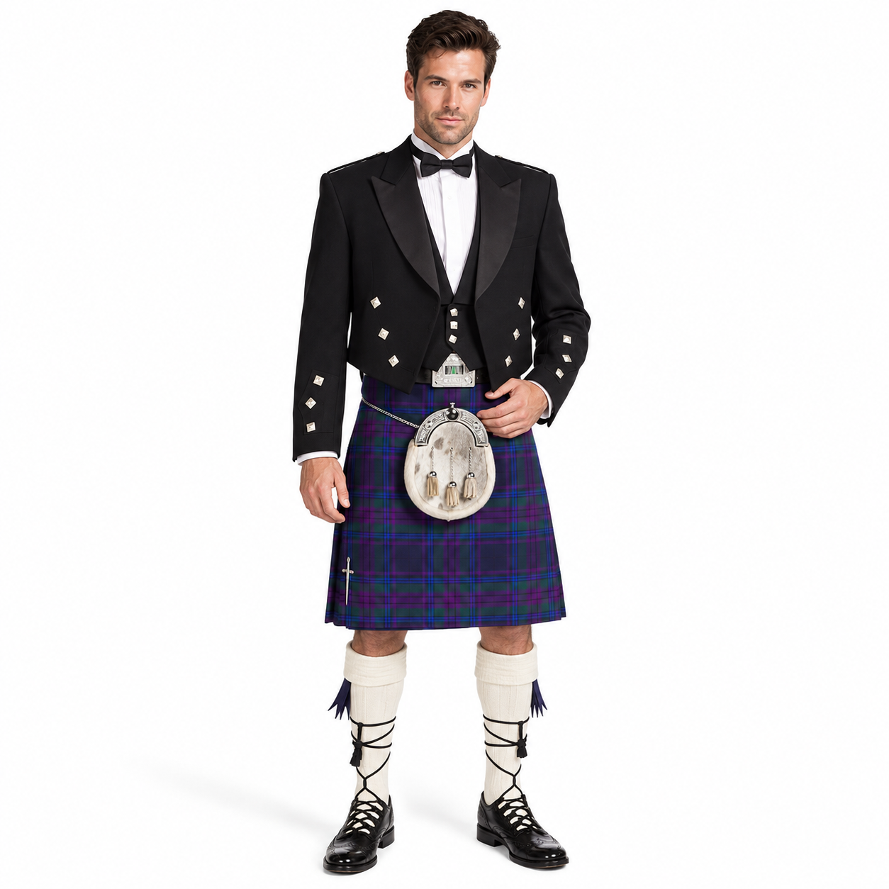 Men’s traditional Prince Charlie jacket outfit with Spirit of Scotland 16oz 8 yard wool kilt, full dress sporran, hose and Ghillie brogues