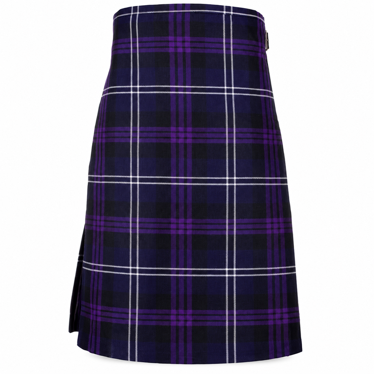 Front view of men’s Heritage of Scotland tartan kilt featuring a dark navy, purple and white check pattern.