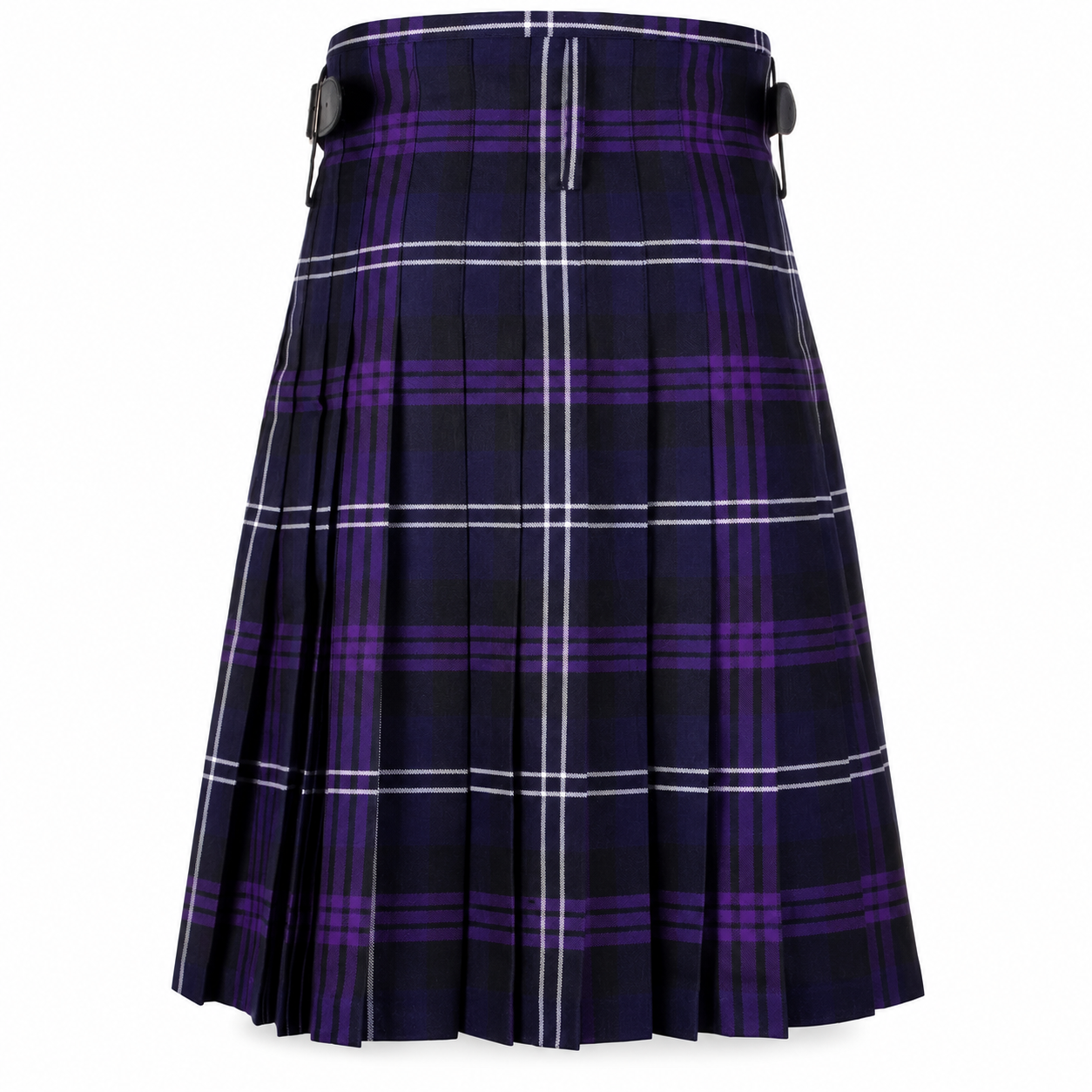Back view of men’s Heritage of Scotland polyviscose kilt showing traditional pleats and purple, navy and white tartan.