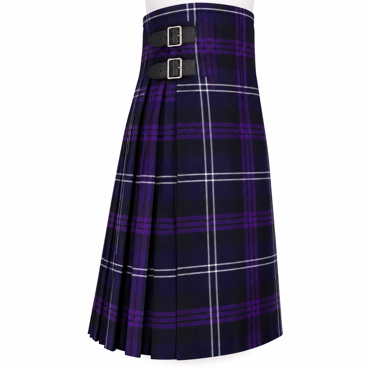 Angled view of Heritage of Scotland 5-yard kilt showing tartan pattern, pleated construction and adjustable buckle straps.