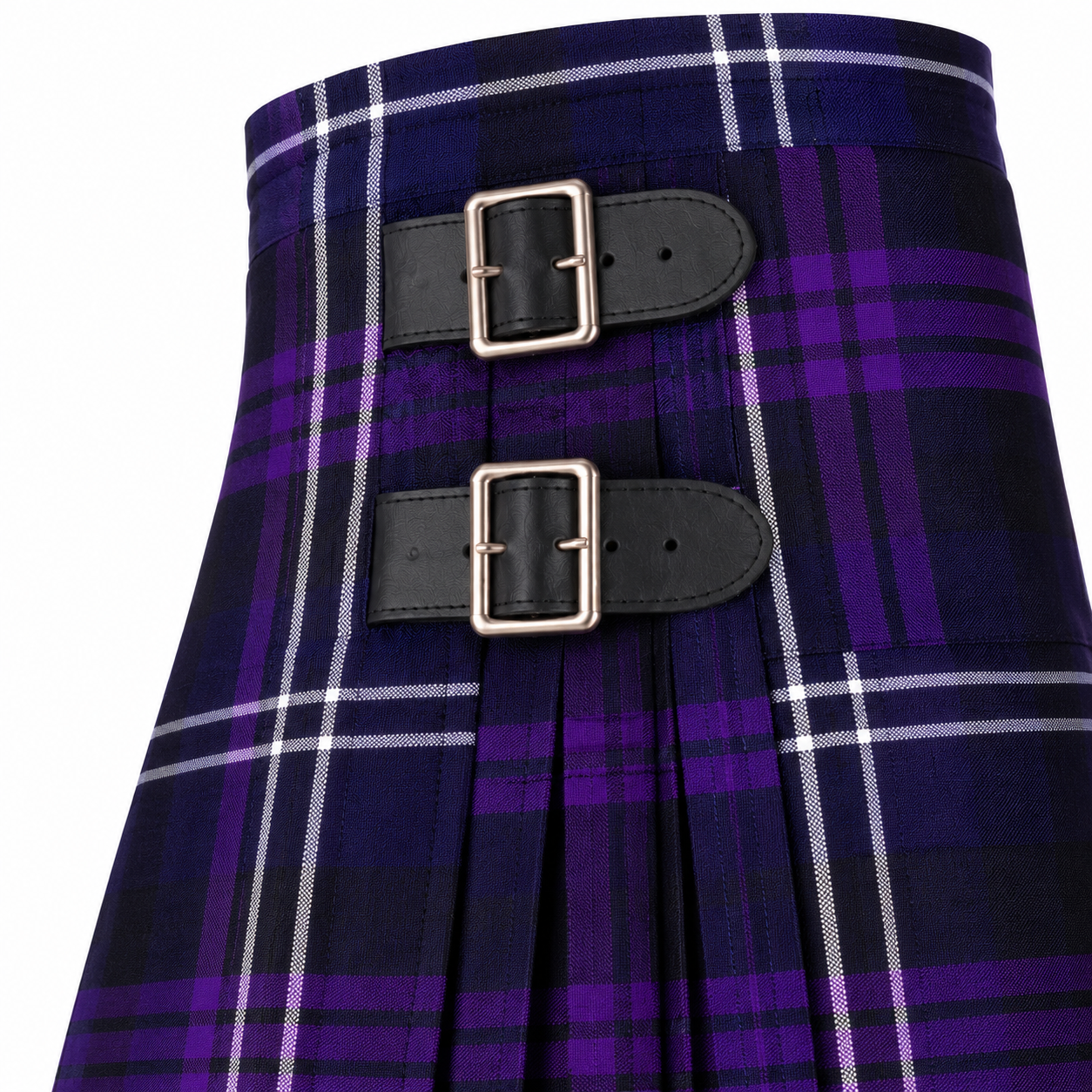 Close-up of Heritage of Scotland tartan kilt showing two adjustable black straps, metal buckles and polyviscose tartan fabric
