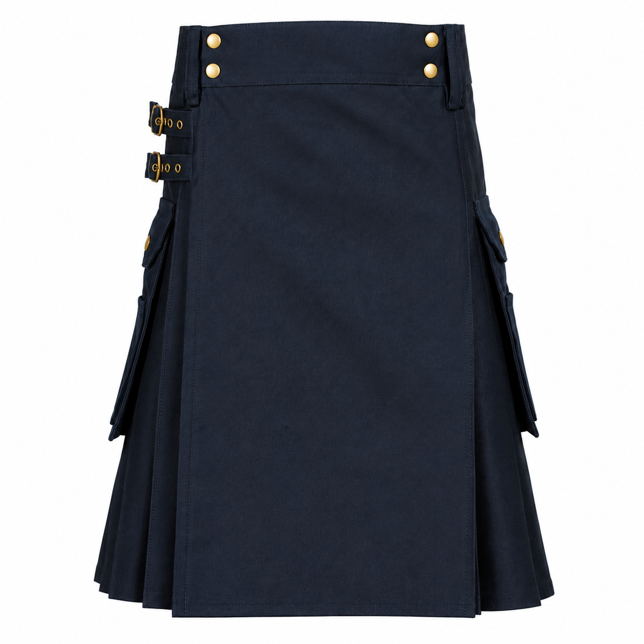 Men’s dark blue 100% cotton utility kilt front view with brass poppers, adjustable side straps and practical pockets.