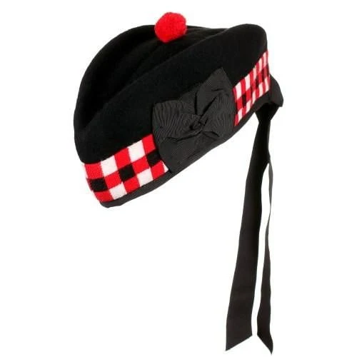 Black men’s Scottish Glengarry hat with red, white and black diced band, red toorie, side rosette and long black rear ribbons.