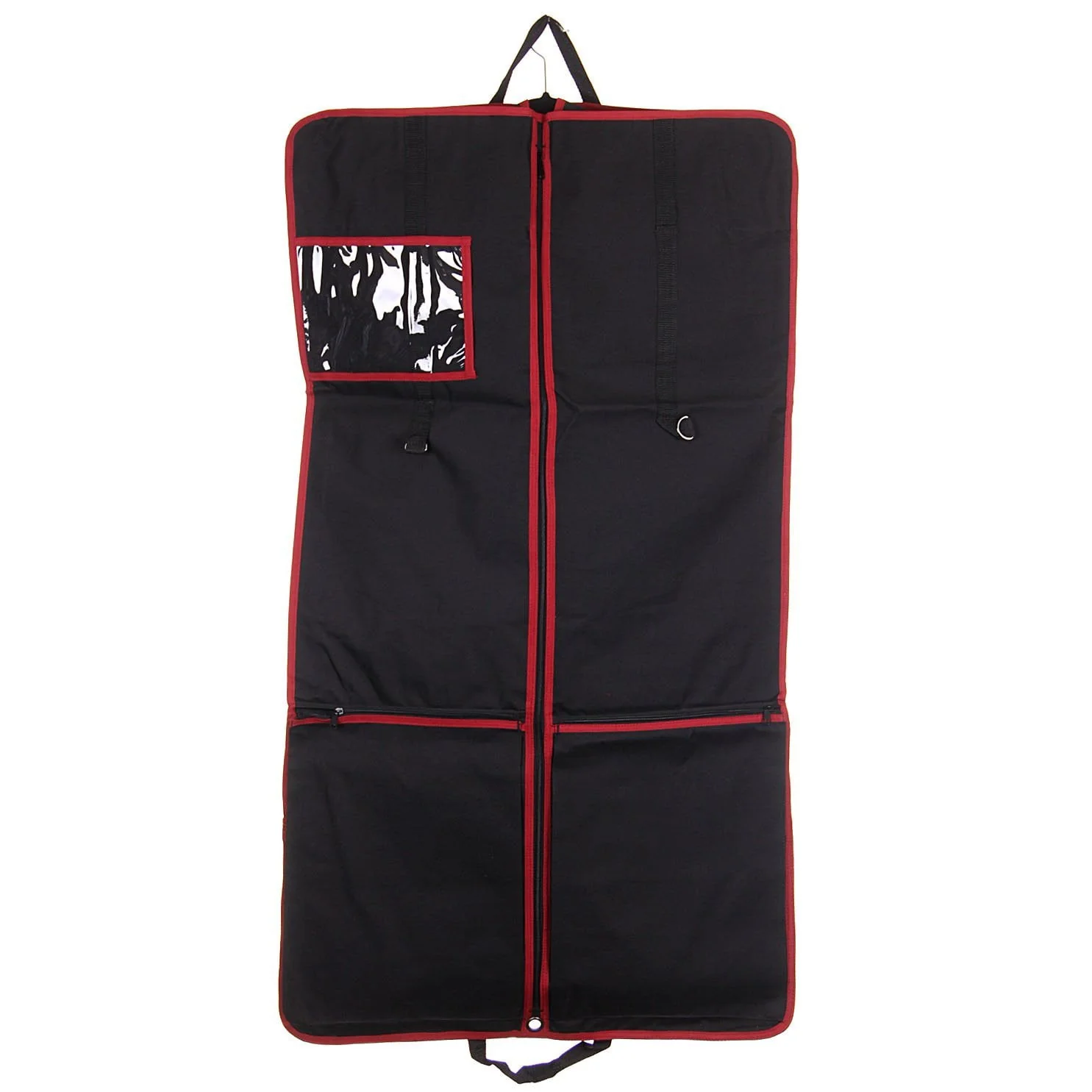 Open Complete Kilt Outfit Carrier with red trim showing the interior storage layout for Scottish Highland clothing and kilt wear.