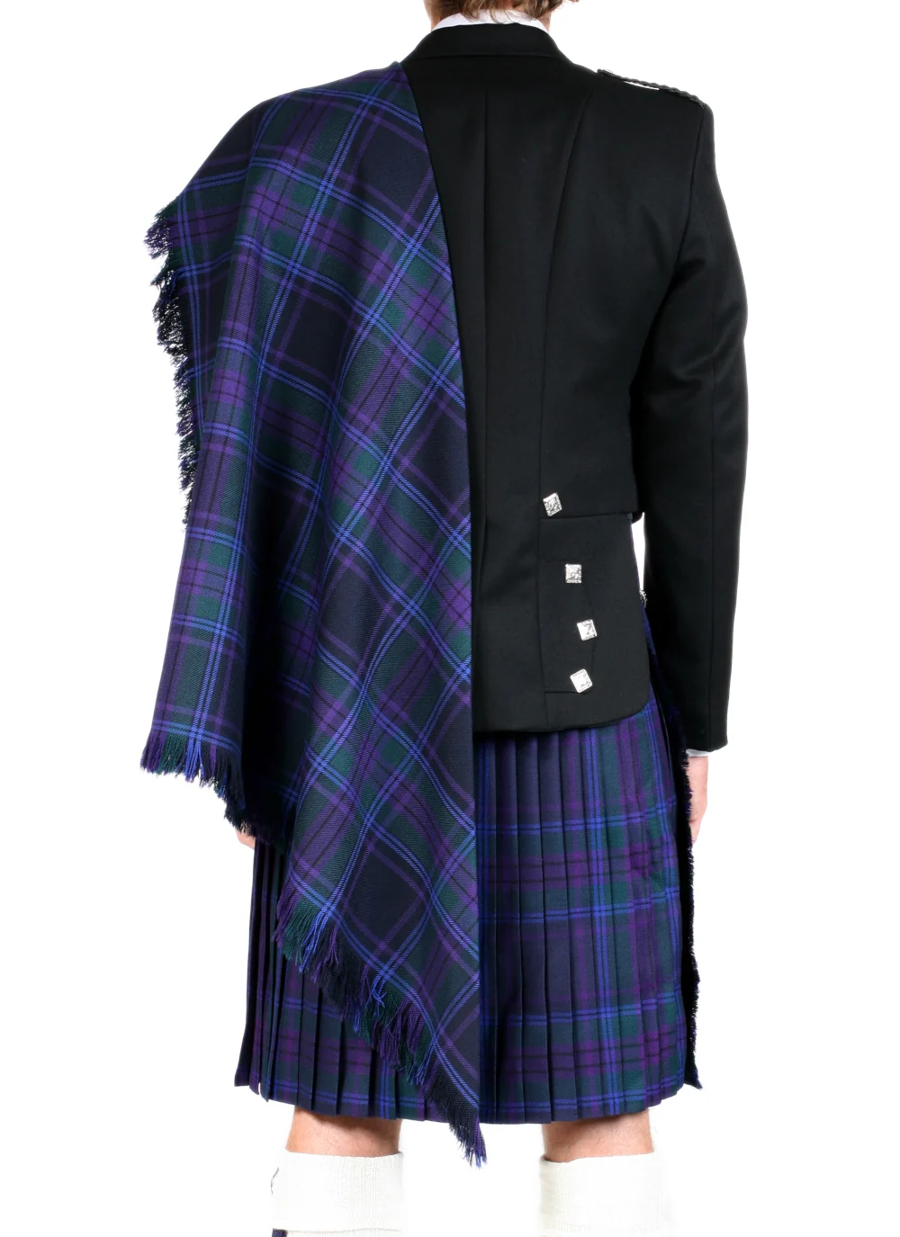 Men’s purple, blue and green tartan fringed fly plaid worn over the shoulder with a traditional black Highland jacket and matching kilt.
