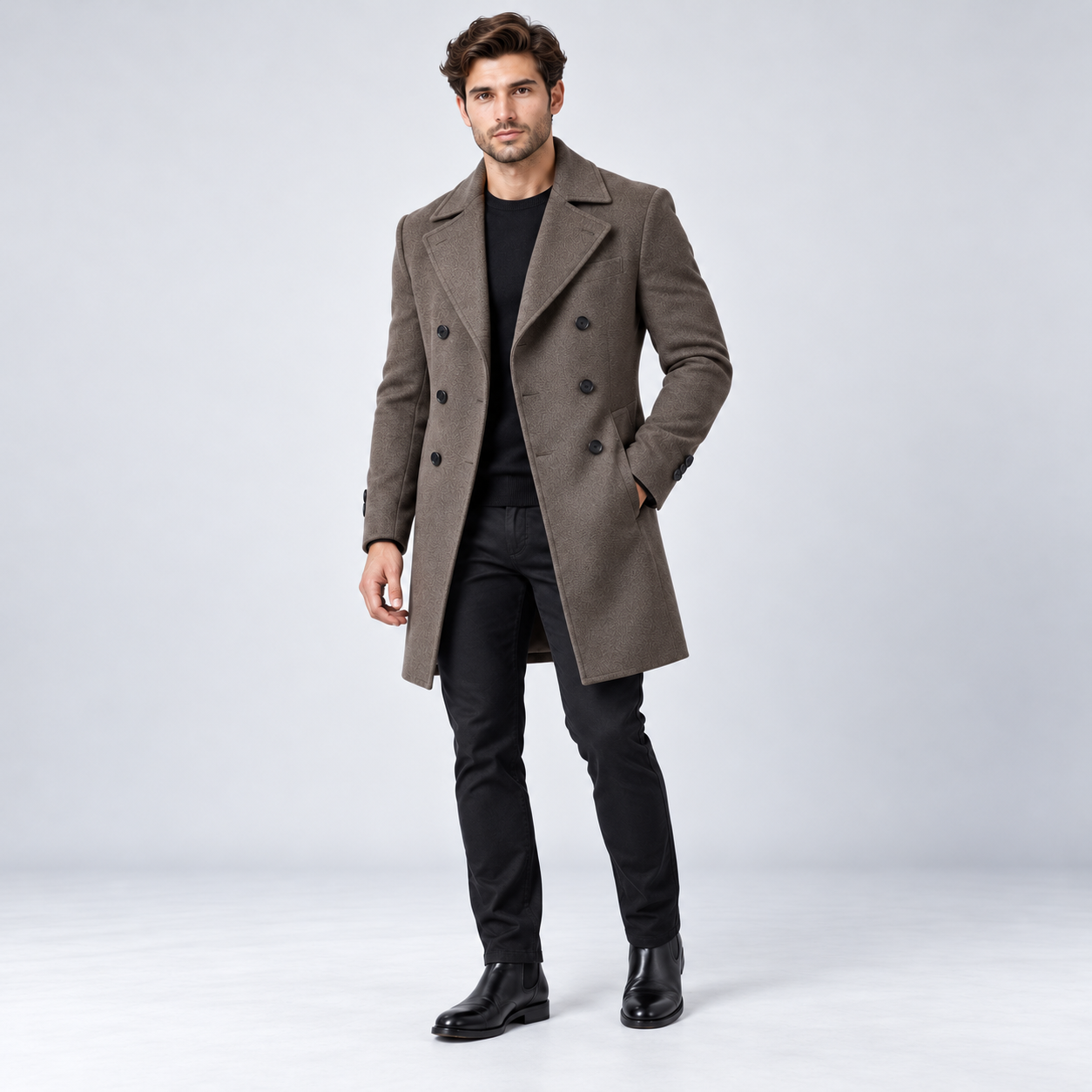 DunHope Men’s Dark Brown Double Breasted Wool Coat – Classic Woven Winter Overcoat