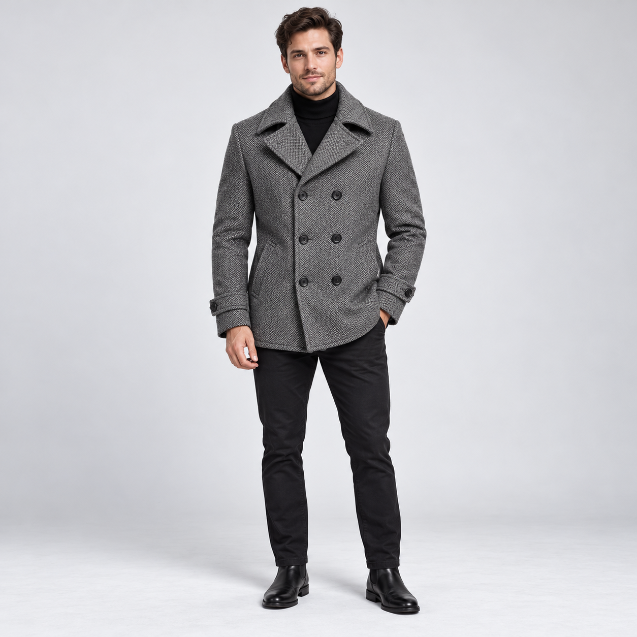 Men’s Charcoal Grey Herringbone Wool Peacoat – Double Breasted Tweed Coat