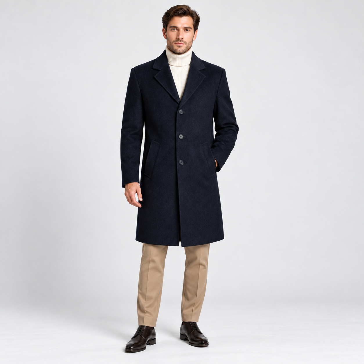 Men’s Luxury Wool Overcoat – Navy , Classic Single-Breasted Winter Coat